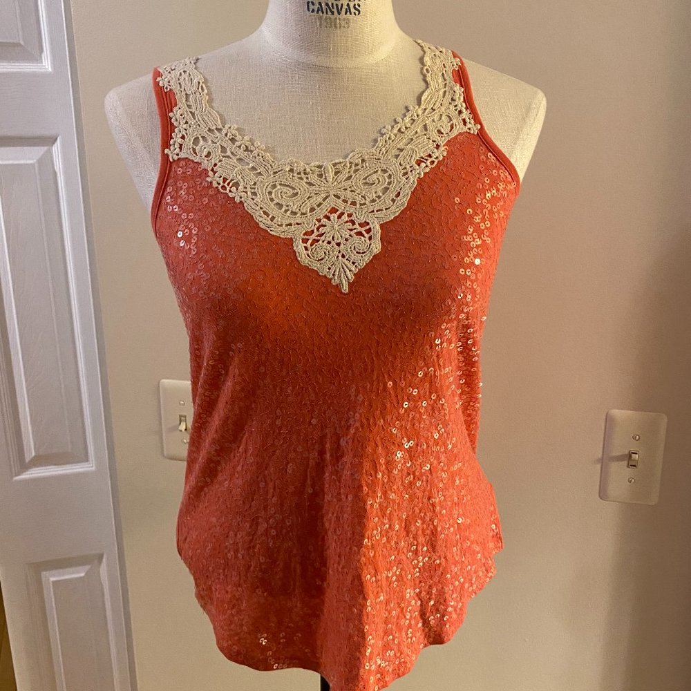 Express Sequin Tank Top with Lace Detail